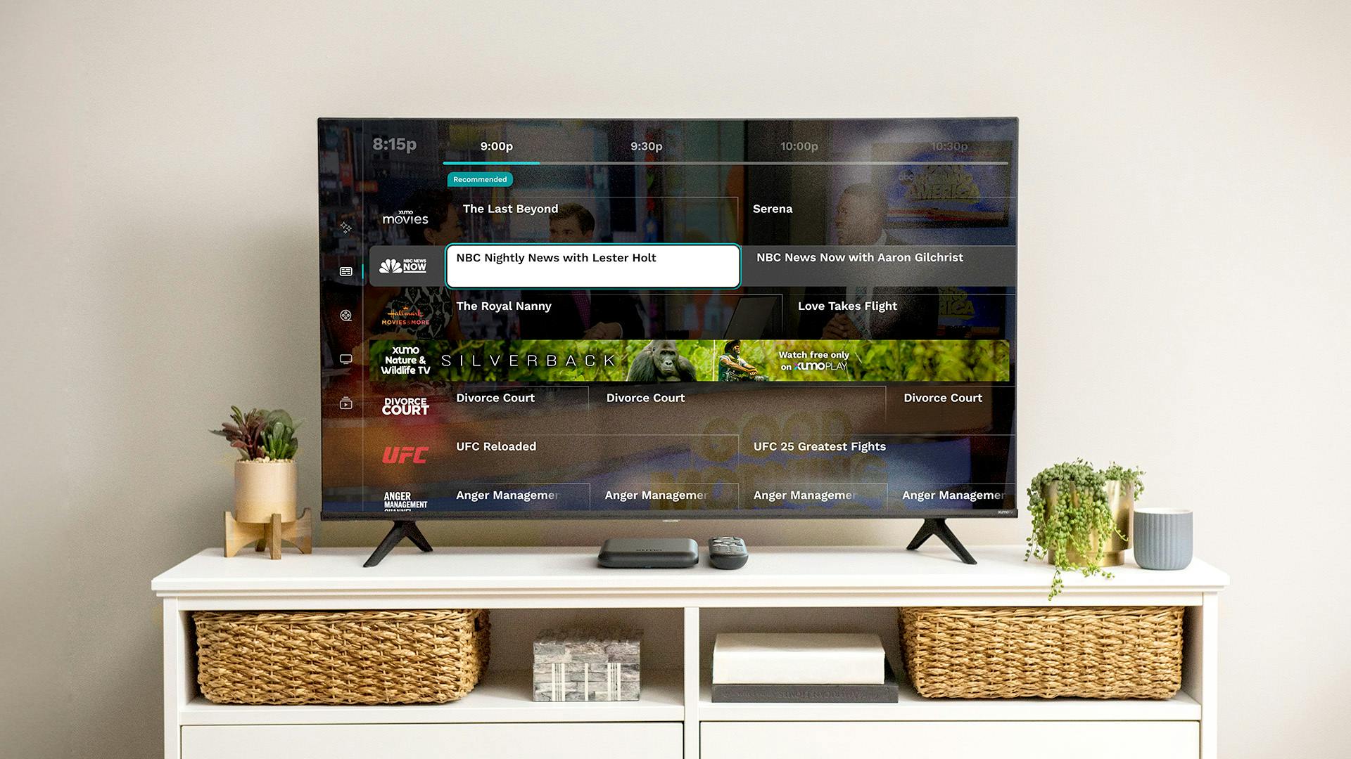 An image of a TV using Xumo Play's TV guide feature.